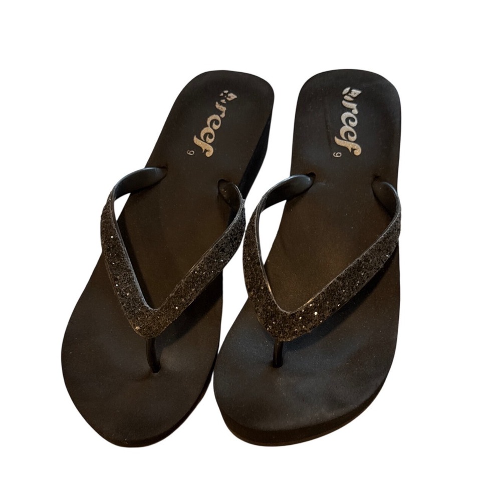 Reef Women's 9 Y2K Black Glitter Strap Platform Wedge Flip Flop Cruise Sandals